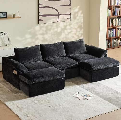 Vamcheer U Shaped Cloud Couch (101.5"x56"x25"), Modular Sectional Boneless Sofa Beige Ultra Comfy Memory Foam Deep Seat, Modular Cloud Design with 2 Movable Ottoman, No Assembly, Perfect for Living Room Office