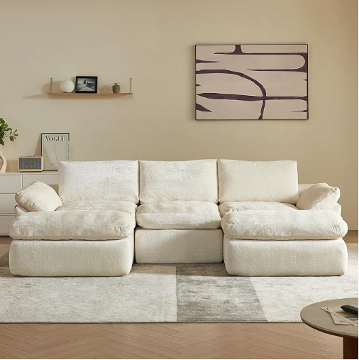 Vamcheer U Shaped Cloud Couch (101.5"x56"x25"), Modular Sectional Boneless Sofa Beige Ultra Comfy Memory Foam Deep Seat, Modular Cloud Design with 2 Movable Ottoman, No Assembly, Perfect for Living Room Office