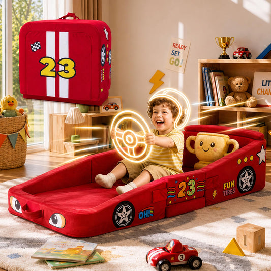 Vamcheer Toddler Travel Bed Foldable Racing Car Style Red 54''x25''x7'' | Foldable Portable Floor Bed for Home, Soft Foam & Washable Cover, Easy to Carry No Assembly, Used for for Camping, Hotels