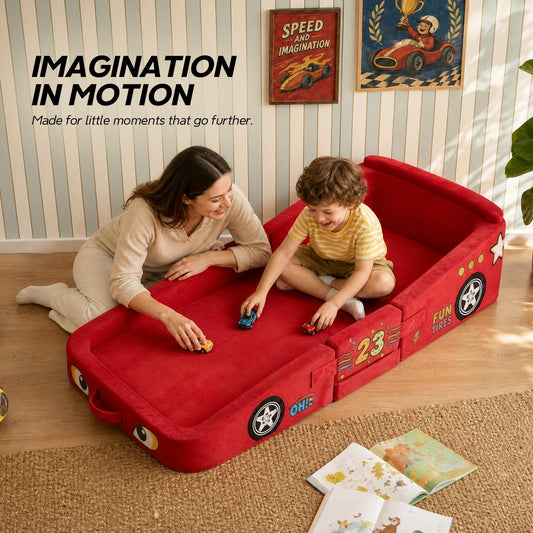 Vamcheer Toddler Travel Bed Foldable Racing Car Style Red 54''x25''x7'' | Foldable Portable Floor Bed for Home, Soft Foam & Washable Cover, Easy to Carry No Assembly, Used for for Camping, Hotels